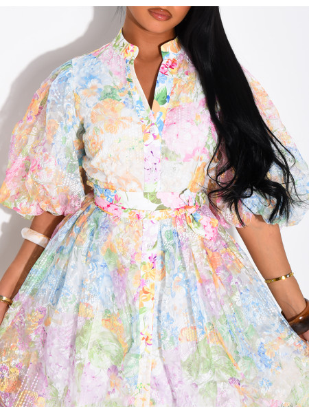 Floral-print voile button-down dress with a belt