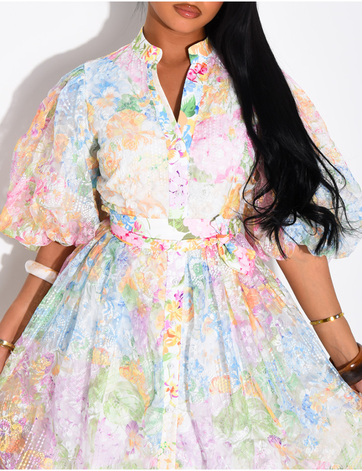 Floral-print voile button-down dress with a belt