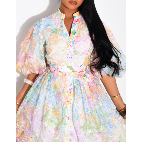 Floral-print voile button-down dress with a belt