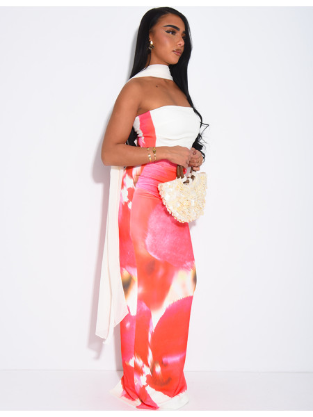 Long strapless dress with floral print and matching shawl