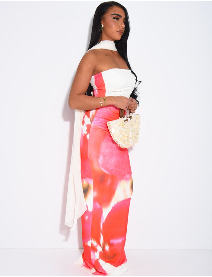 Long strapless dress with floral print and matching shawl