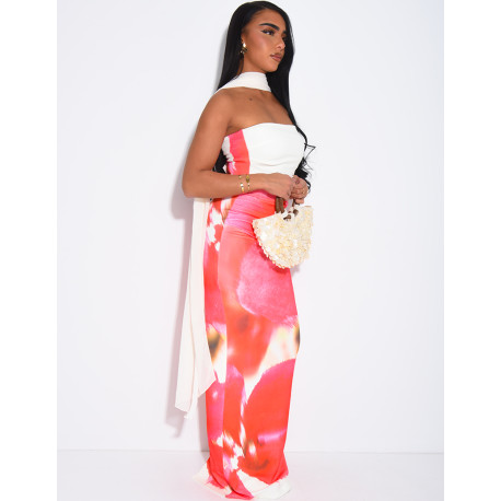 Long strapless dress with floral print and matching shawl
