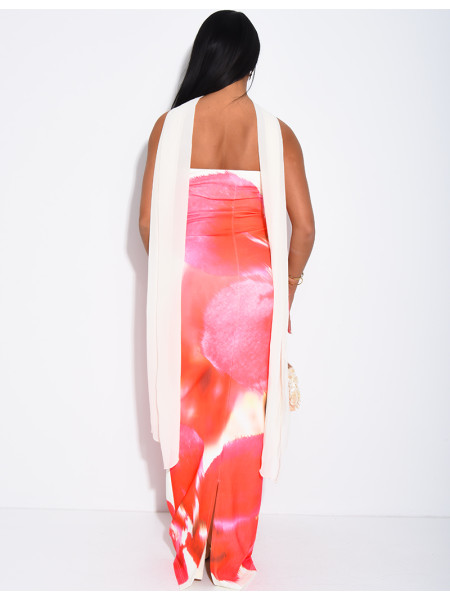 Long strapless dress with floral print and matching shawl