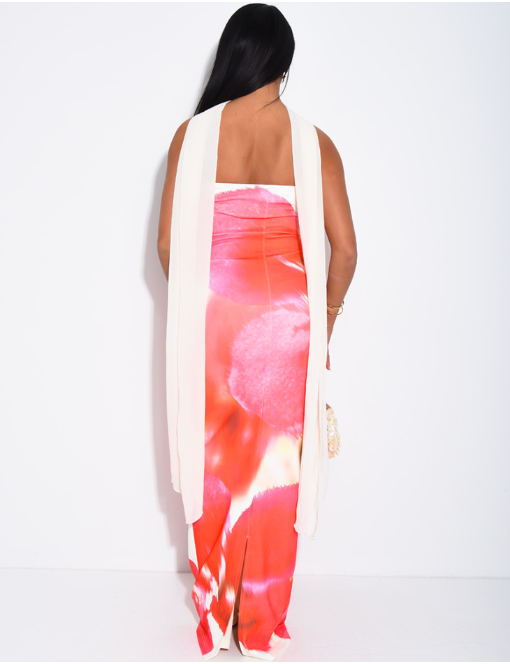 Long strapless dress with floral print and matching shawl