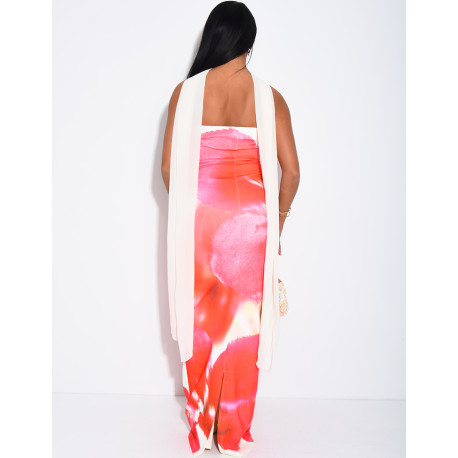 Long strapless dress with floral print and matching shawl