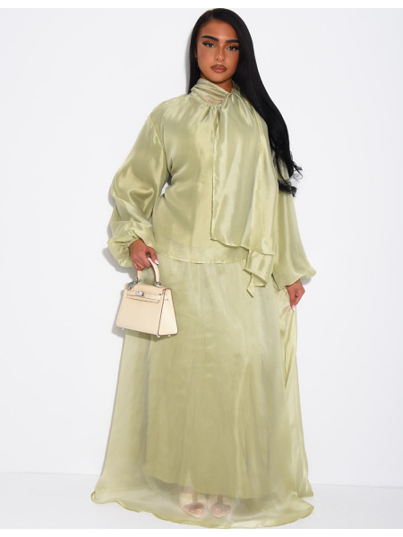 Long skirt and long-sleeve top set in lined organza