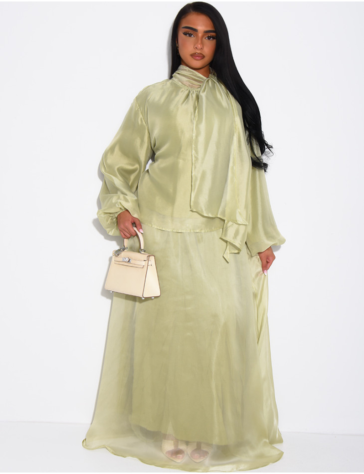 Long skirt and long-sleeve top set in lined organza