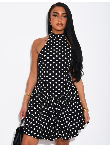 Short, ruffled, polka-dot backless dress