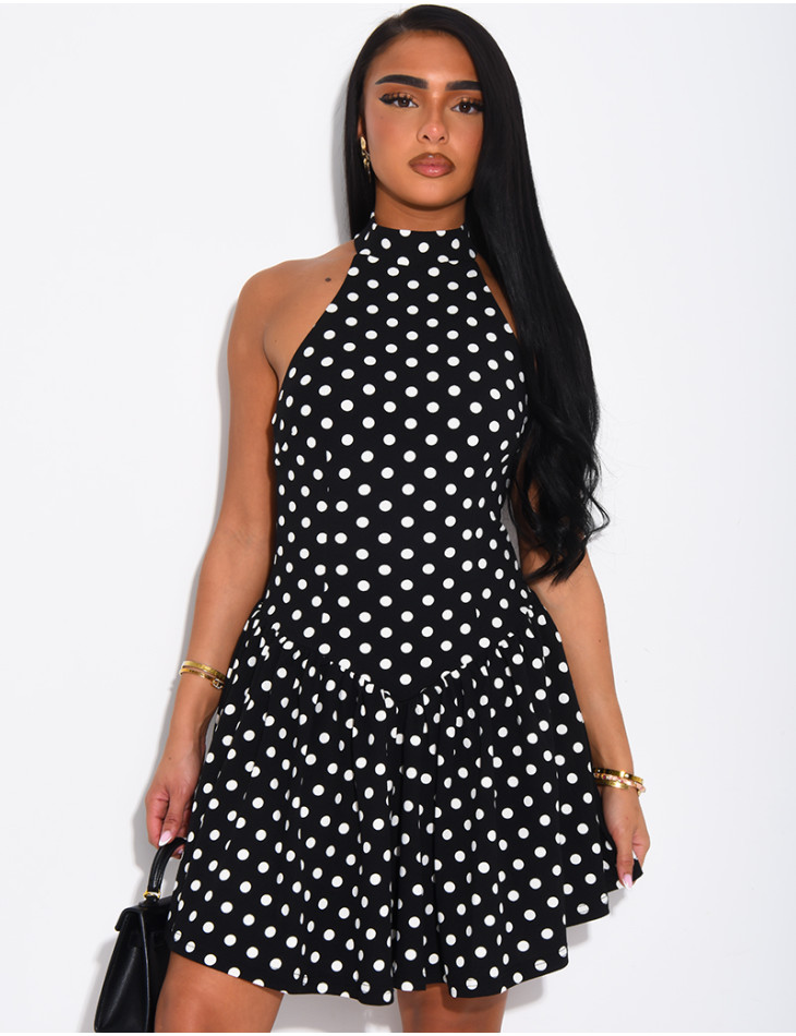 Short, ruffled, polka-dot backless dress