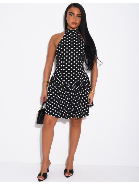 Short, ruffled, polka-dot backless dress