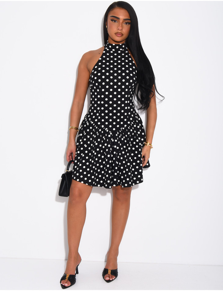 Short, ruffled, polka-dot backless dress
