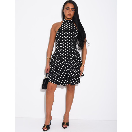 Short, ruffled, polka-dot backless dress