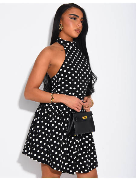 Short, ruffled, polka-dot backless dress