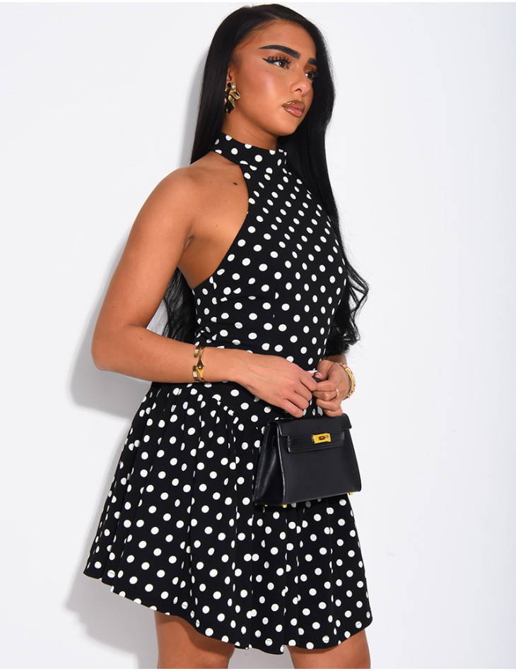 Short, ruffled, polka-dot backless dress