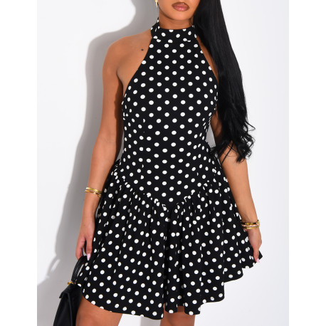 Short, ruffled, polka-dot backless dress