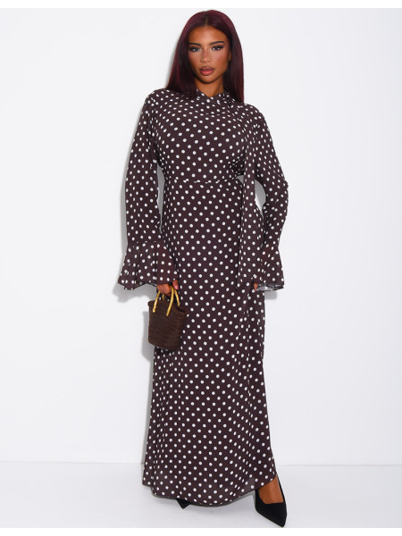 Langes Voile-Kleid mit Punkten und gebundenem Stehkragen