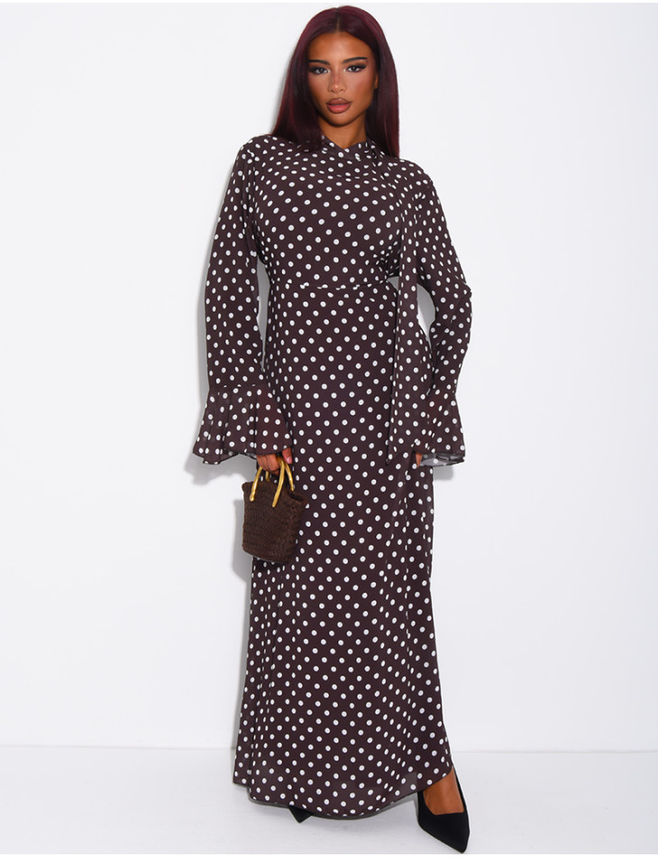 Langes Voile-Kleid mit Punkten und gebundenem Stehkragen