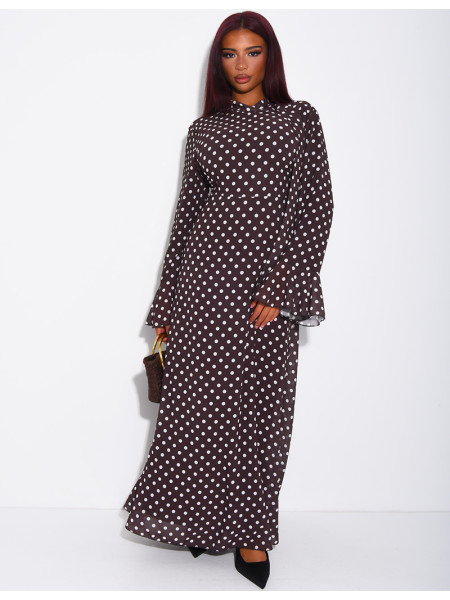 Langes Voile-Kleid mit Punkten und gebundenem Stehkragen