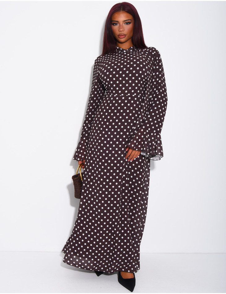 Langes Voile-Kleid mit Punkten und gebundenem Stehkragen