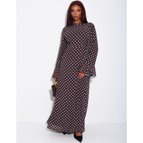 Langes Voile-Kleid mit Punkten und gebundenem Stehkragen