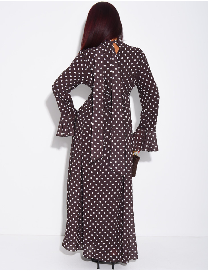Langes Voile-Kleid mit Punkten und gebundenem Stehkragen