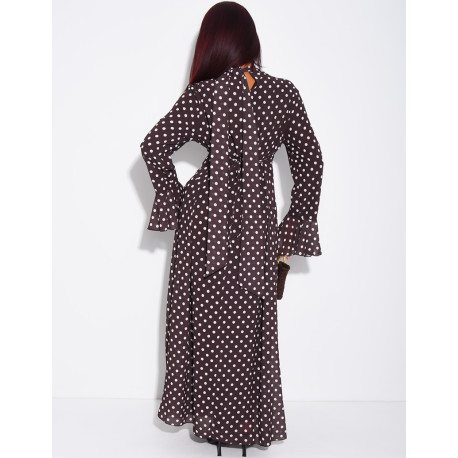 Langes Voile-Kleid mit Punkten und gebundenem Stehkragen
