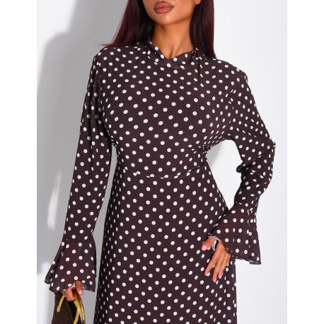 Langes Voile-Kleid mit Punkten und gebundenem Stehkragen