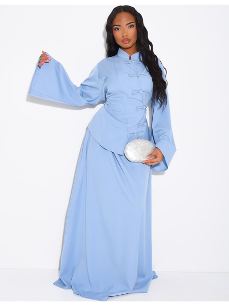 Denim-effect set featuring a long skirt and an asymmetrical button-down blouse that ties at the back