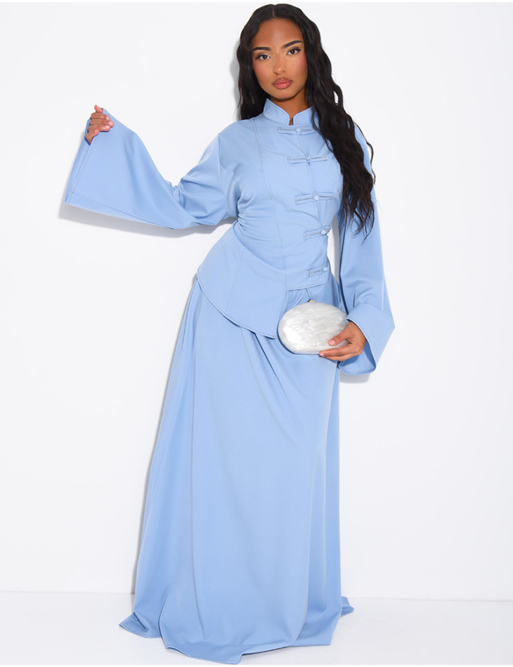 Denim-effect set featuring a long skirt and an asymmetrical button-down blouse that ties at the back