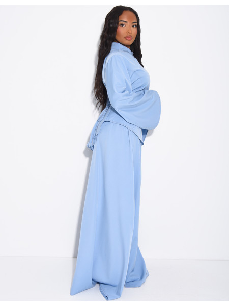 Denim-effect set featuring a long skirt and an asymmetrical button-down blouse that ties at the back