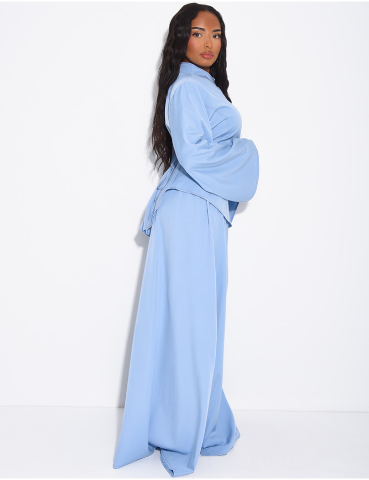 Denim-effect set featuring a long skirt and an asymmetrical button-down blouse that ties at the back