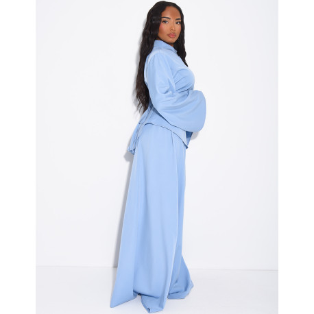 Denim-effect set featuring a long skirt and an asymmetrical button-down blouse that ties at the back