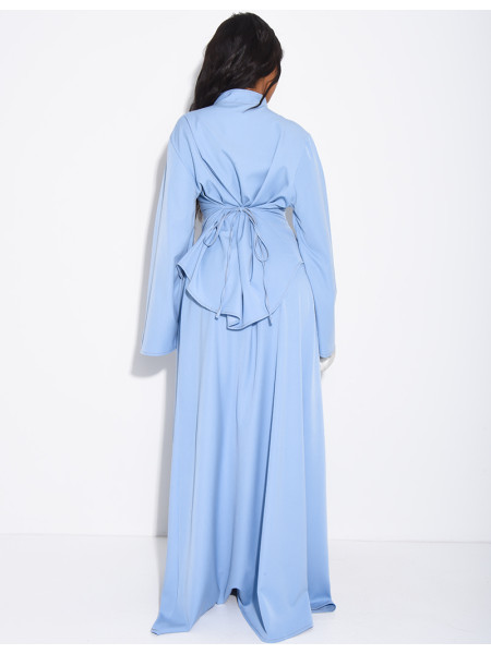 Denim-effect set featuring a long skirt and an asymmetrical button-down blouse that ties at the back