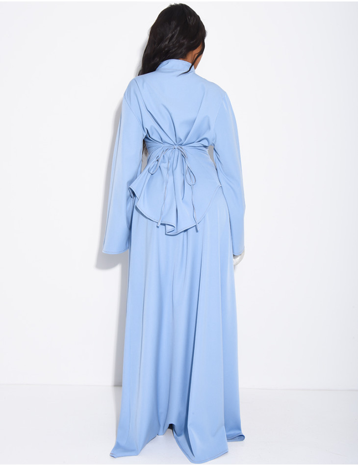 Denim-effect set featuring a long skirt and an asymmetrical button-down blouse that ties at the back
