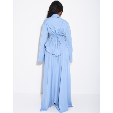 Denim-effect set featuring a long skirt and an asymmetrical button-down blouse that ties at the back
