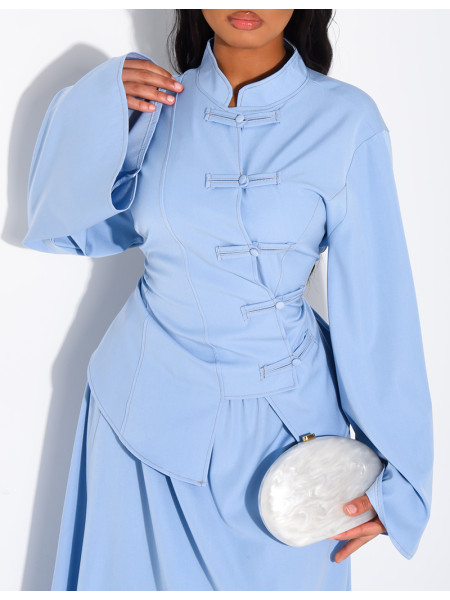 Denim-effect set featuring a long skirt and an asymmetrical button-down blouse that ties at the back
