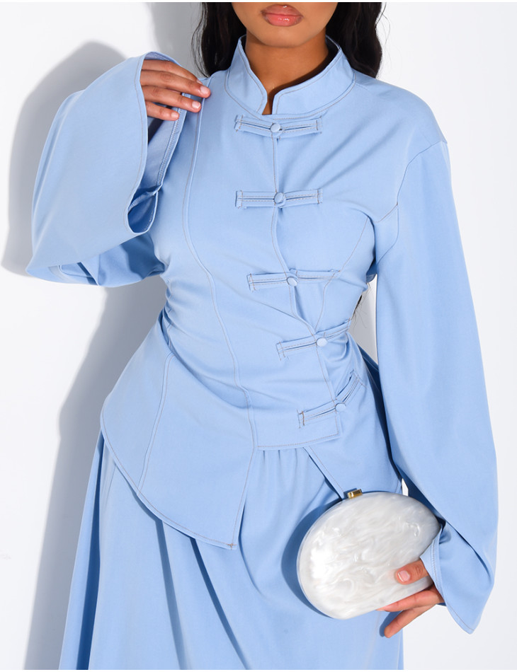 Denim-effect set featuring a long skirt and an asymmetrical button-down blouse that ties at the back