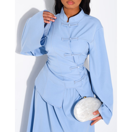 Denim-effect set featuring a long skirt and an asymmetrical button-down blouse that ties at the back