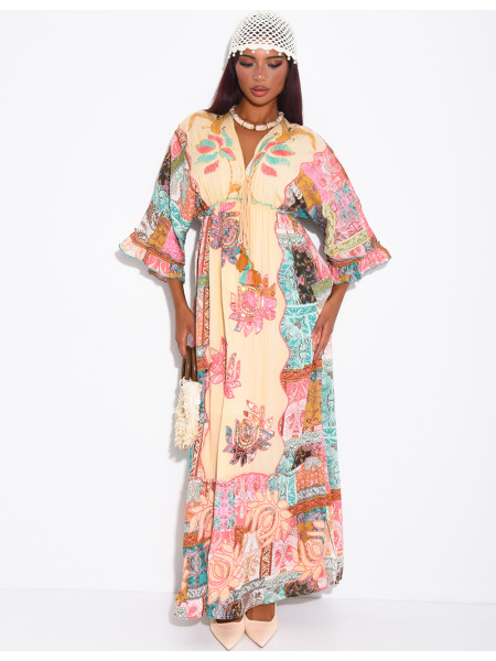Langes, bedrucktes Boho-Kleid mit Stickerei