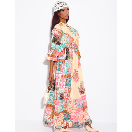 Langes, bedrucktes Boho-Kleid mit Stickerei