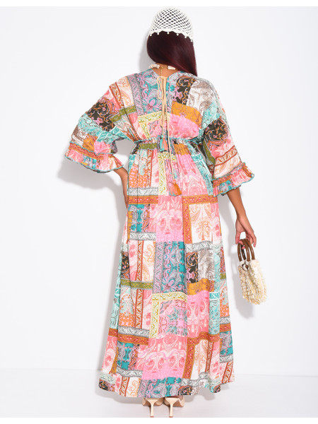 Langes, bedrucktes Boho-Kleid mit Stickerei