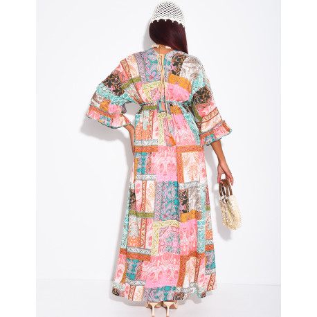 Langes, bedrucktes Boho-Kleid mit Stickerei