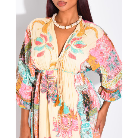 Langes, bedrucktes Boho-Kleid mit Stickerei