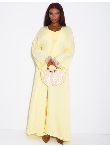Linen-effect pants and kimono set with lace trim