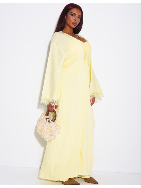 Linen-effect pants and kimono set with lace trim
