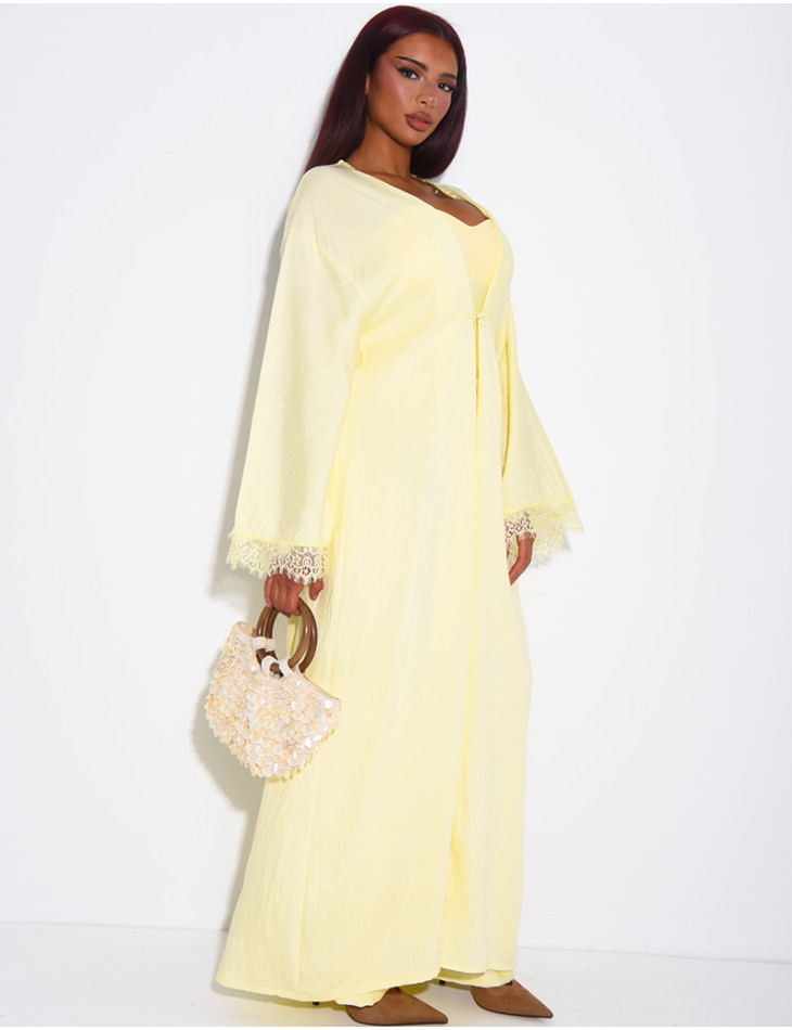 Linen-effect pants and kimono set with lace trim