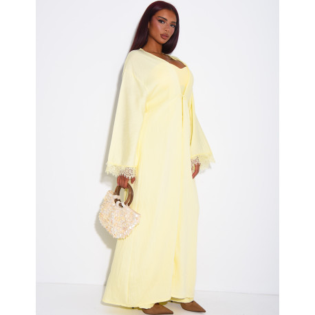 Linen-effect pants and kimono set with lace trim