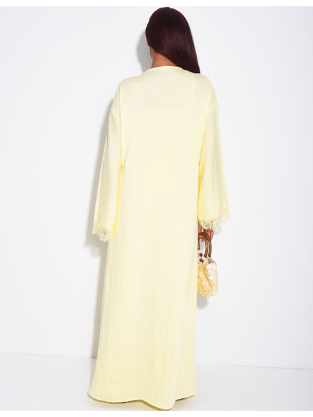 Linen-effect pants and kimono set with lace trim