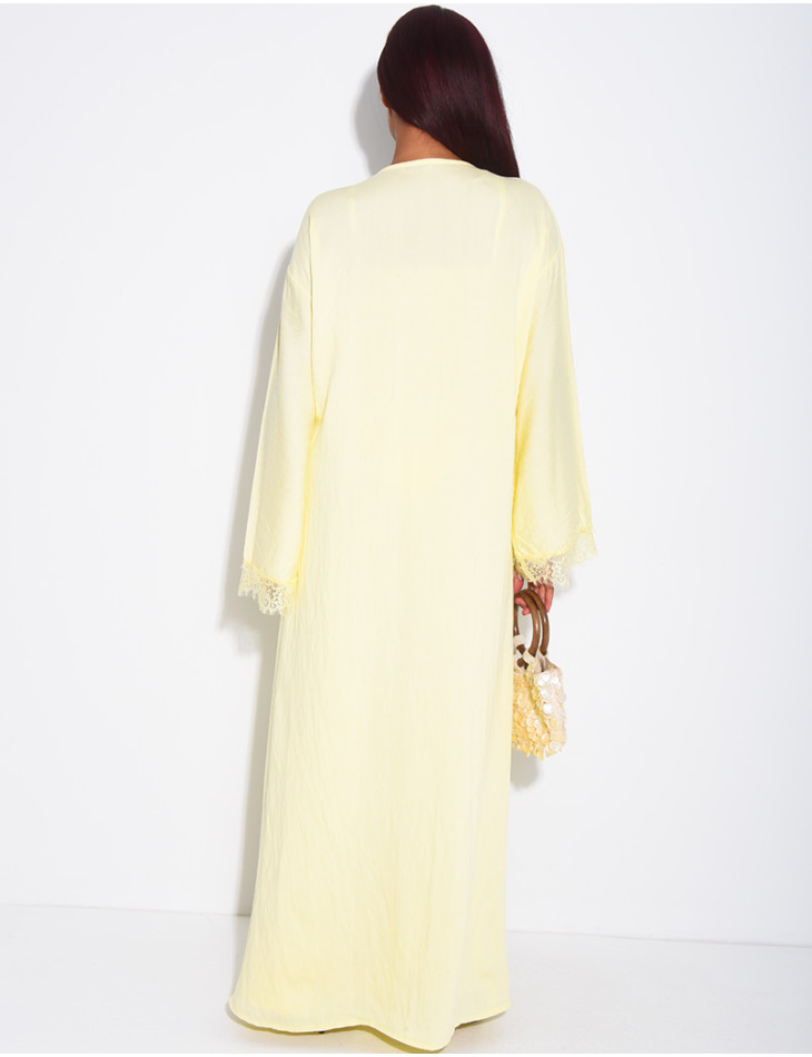 Linen-effect pants and kimono set with lace trim