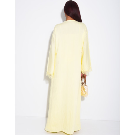 Linen-effect pants and kimono set with lace trim